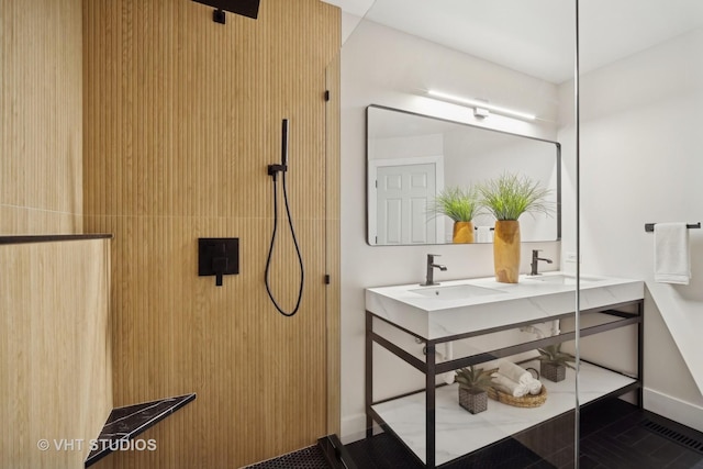 bathroom with vanity and walk in shower