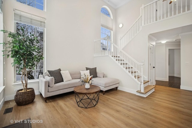 living room featuring plenty of natural light, a high ceiling, and hardwood / wood-style flooring