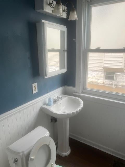 bathroom with hardwood / wood-style flooring, plenty of natural light, and toilet