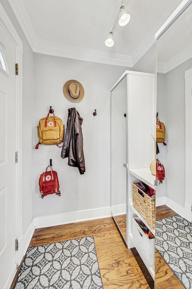 mudroom with light hardwood / wood-style floors and ornamental molding