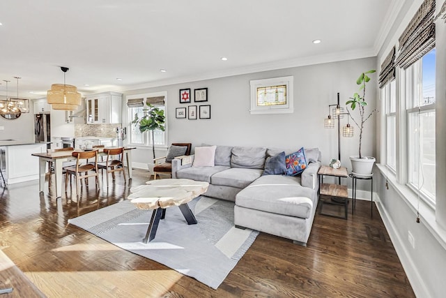 living room featuring a notable chandelier, plenty of natural light, dark hardwood / wood-style flooring, and crown molding