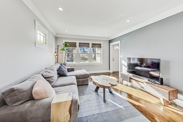 living room featuring wood-type flooring and ornamental molding