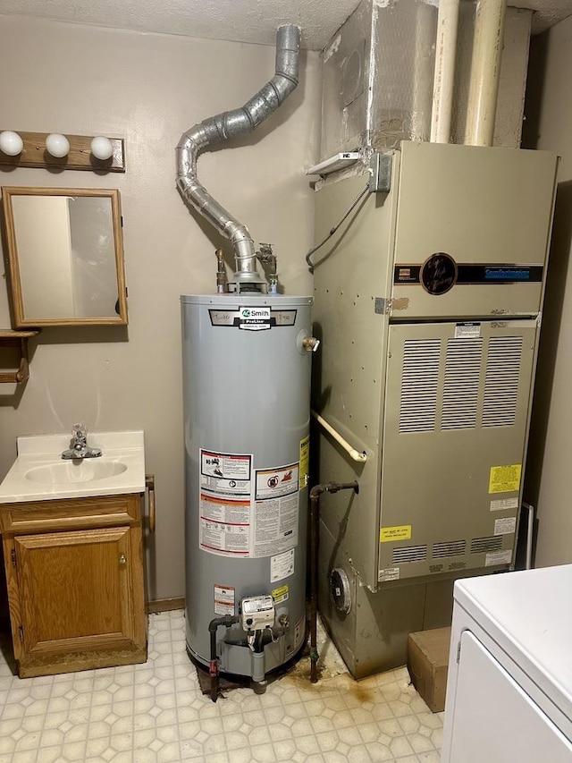 utilities featuring gas water heater, sink, and heating unit