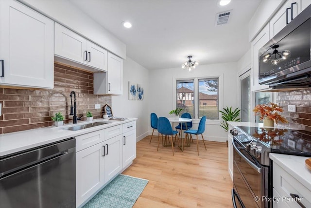 kitchen featuring appliances with stainless steel finishes, backsplash, sink, white cabinets, and light hardwood / wood-style floors