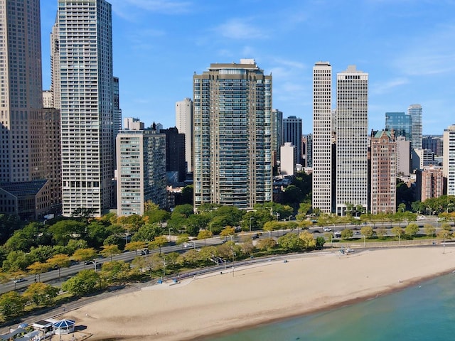 view of city with a water view and a view of the beach