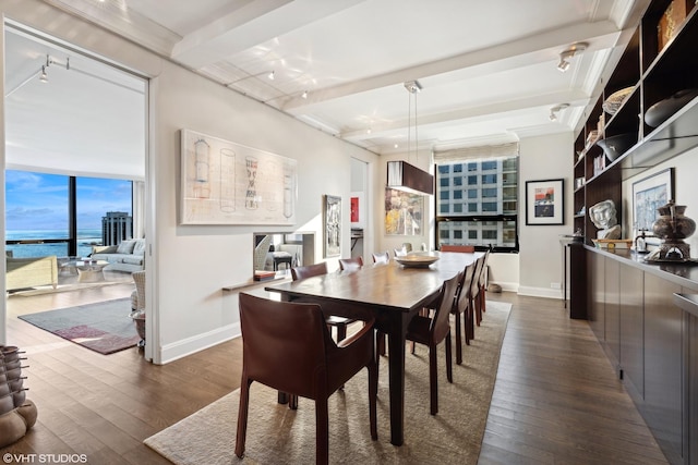 dining area with dark hardwood / wood-style flooring, beam ceiling, expansive windows, and a water view