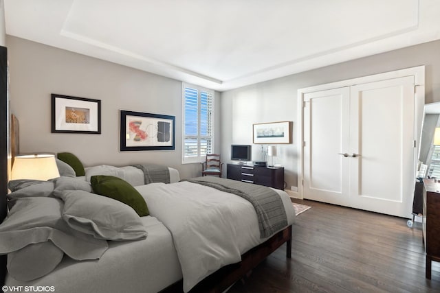 bedroom with dark wood-type flooring and a raised ceiling