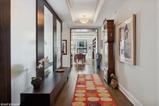 hallway with a raised ceiling, ornamental molding, and dark hardwood / wood-style flooring