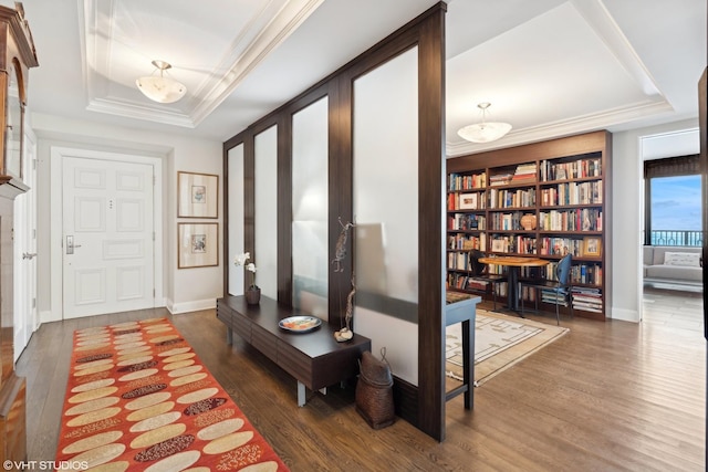 entrance foyer featuring a raised ceiling, french doors, and dark hardwood / wood-style floors