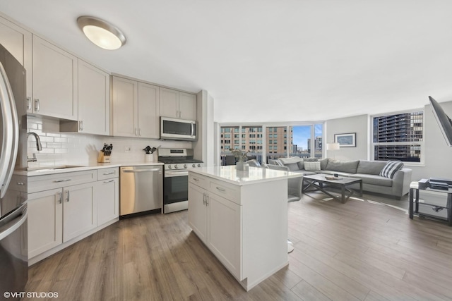 kitchen featuring sink, stainless steel appliances, backsplash, wood-type flooring, and a kitchen island