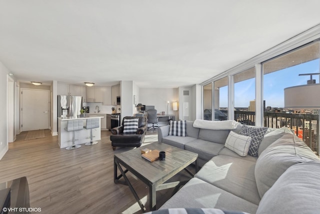 living room with a wall of windows and light hardwood / wood-style flooring