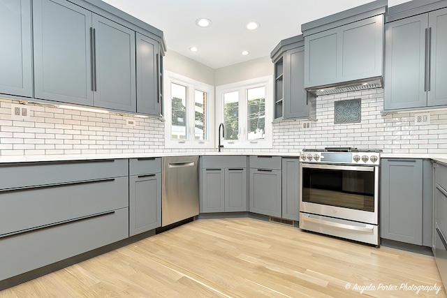 kitchen featuring sink, stainless steel appliances, light hardwood / wood-style flooring, gray cabinets, and decorative backsplash