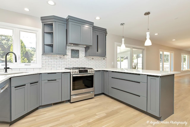 kitchen featuring sink, gray cabinets, tasteful backsplash, kitchen peninsula, and stainless steel appliances