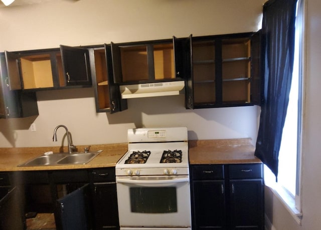 kitchen with exhaust hood, sink, and white range with gas cooktop