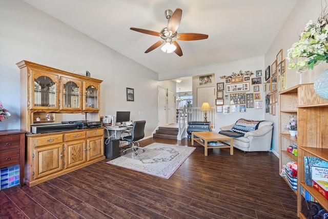 office area with vaulted ceiling, dark hardwood / wood-style floors, and ceiling fan