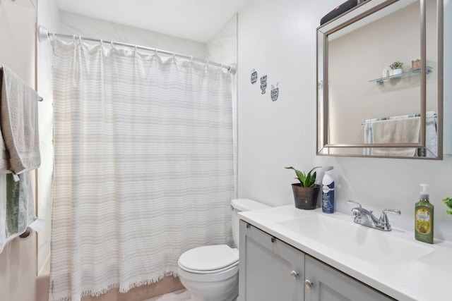 full bathroom with toilet, shower / tub combo, and vanity