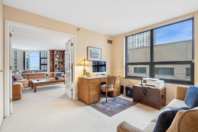 office with light colored carpet and a wealth of natural light