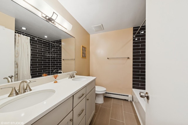 full bathroom featuring shower / bath combination with curtain, vanity, a baseboard radiator, and toilet