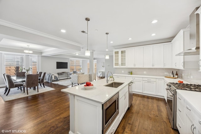 kitchen with sink, wall chimney exhaust hood, stainless steel appliances, pendant lighting, and a kitchen island with sink