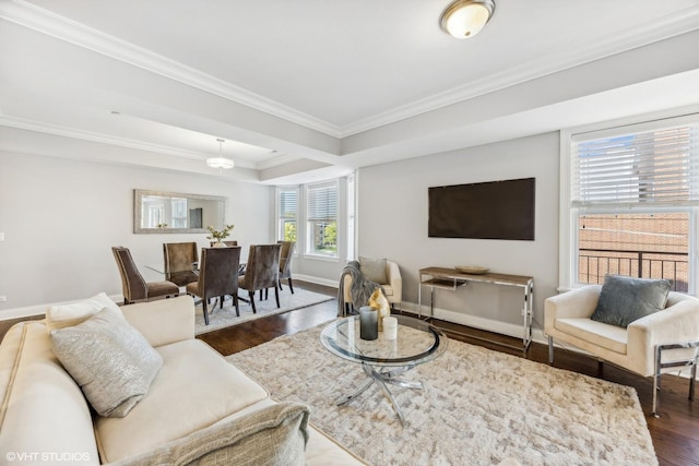 living room with dark hardwood / wood-style flooring and crown molding