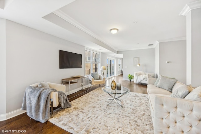 living room with ornamental molding, a raised ceiling, and dark wood-type flooring