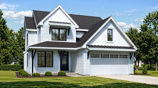 view of front of home with a front yard and a garage