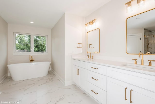 bathroom featuring vanity and plus walk in shower