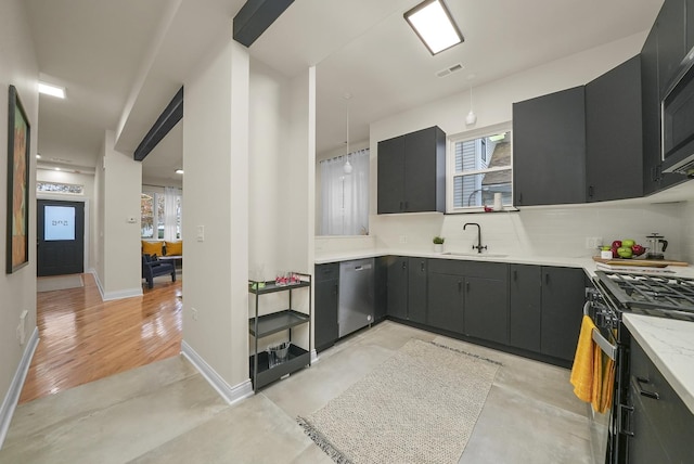 kitchen with sink, hanging light fixtures, tasteful backsplash, stainless steel dishwasher, and black gas stove