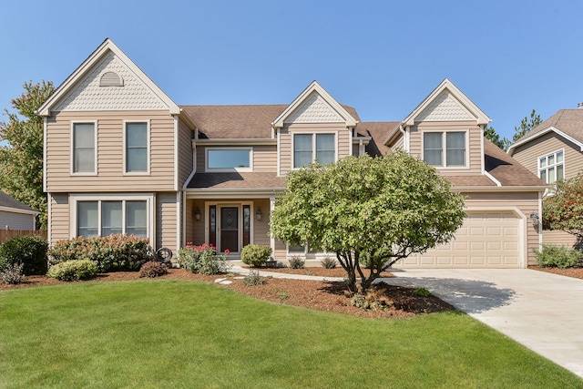 view of front of house with a garage and a front lawn