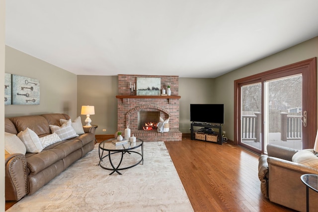 living room with a fireplace and wood-type flooring