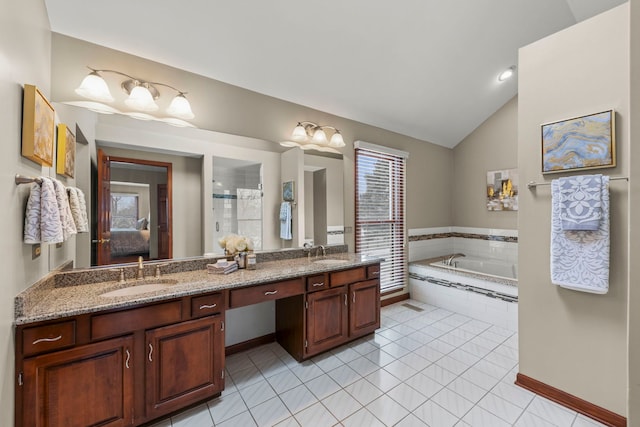 bathroom featuring tile patterned flooring, vanity, plus walk in shower, and lofted ceiling