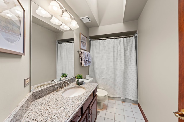 bathroom featuring toilet, vanity, tile patterned floors, and a shower with shower curtain