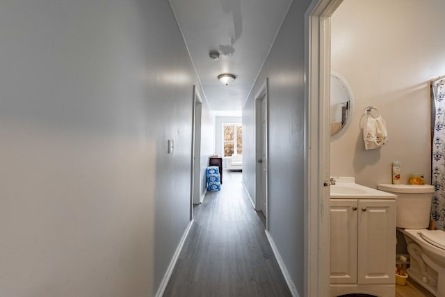 hallway featuring sink and dark wood-type flooring