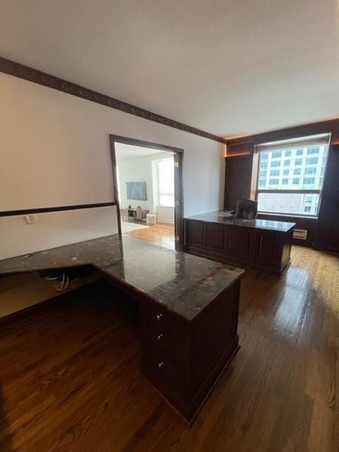 kitchen featuring dark brown cabinets, dark hardwood / wood-style flooring, a healthy amount of sunlight, and stone countertops