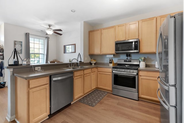 kitchen featuring sink, light hardwood / wood-style flooring, ceiling fan, kitchen peninsula, and stainless steel appliances