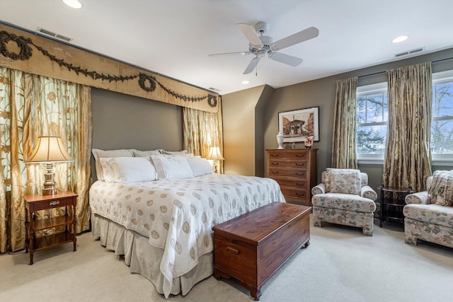 carpeted bedroom with ceiling fan