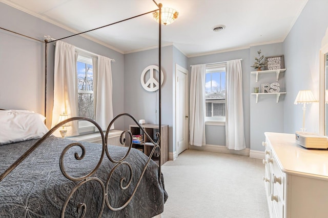 bedroom featuring light colored carpet, multiple windows, and ornamental molding