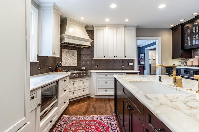 kitchen featuring dark brown cabinetry, appliances with stainless steel finishes, custom exhaust hood, dark wood-type flooring, and sink