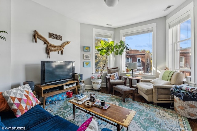 living room featuring hardwood / wood-style floors and a healthy amount of sunlight