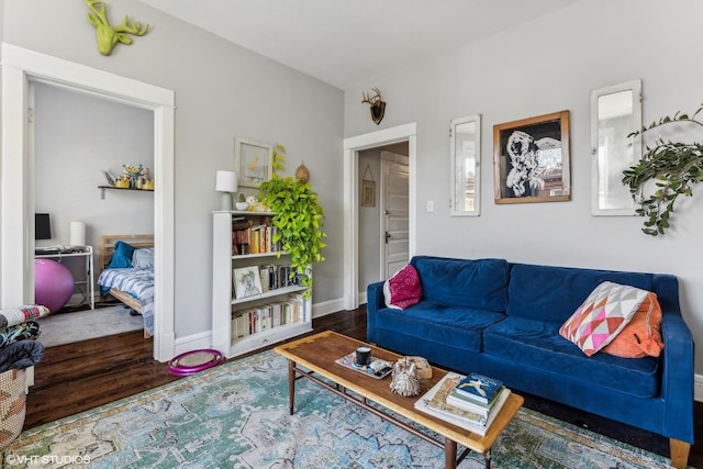 living room with dark hardwood / wood-style flooring