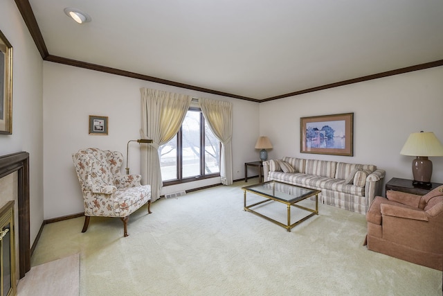 living room featuring light colored carpet and ornamental molding