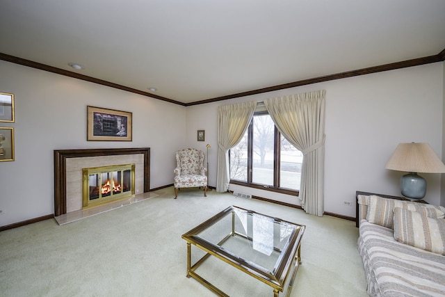 living room featuring ornamental molding and light carpet