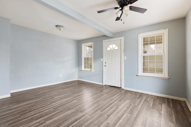 foyer with ceiling fan, beamed ceiling, and light hardwood / wood-style floors