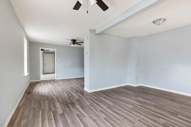 empty room with hardwood / wood-style floors and ceiling fan