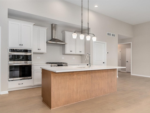 kitchen with sink, appliances with stainless steel finishes, wall chimney exhaust hood, and an island with sink