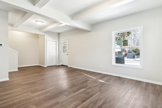 interior space with beamed ceiling and dark hardwood / wood-style flooring