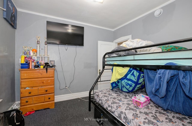 carpeted bedroom with ornamental molding