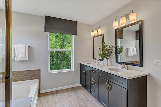 bathroom featuring a healthy amount of sunlight, a bath, vanity, and wood-type flooring