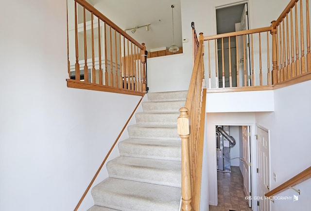 staircase with a towering ceiling