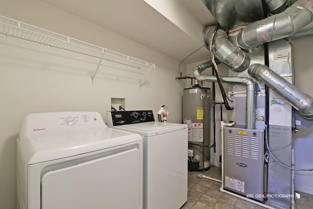 laundry area with independent washer and dryer and water heater